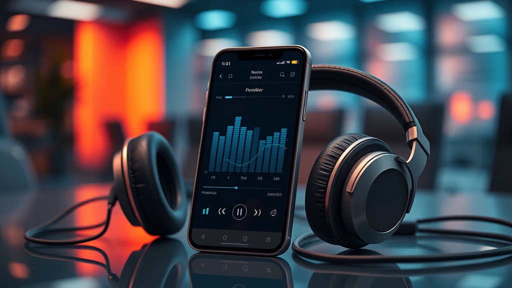 Smartphone con aplicación de ecualización y auriculares modernos